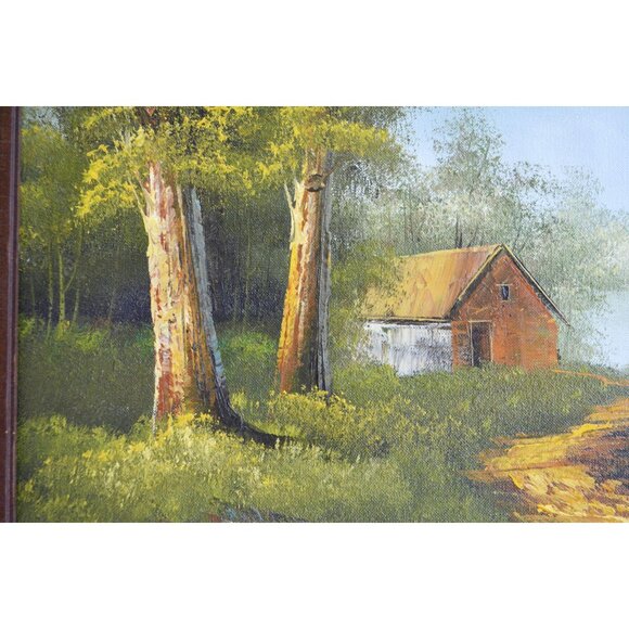 Vintage Handpainted Rustic Woodsy Cabin House Road Trail Lake Oil Painting Signe - Picture 7 of 8